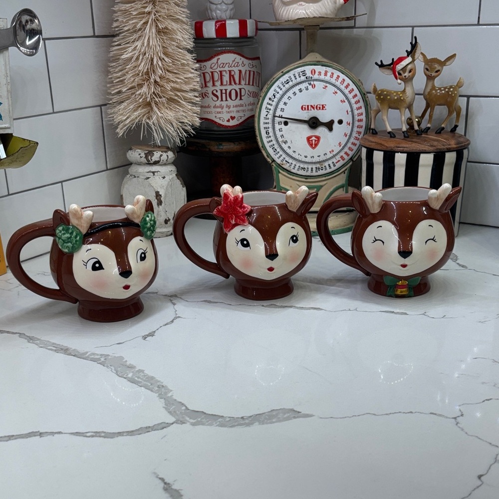Reindeer Ceramic Mugs Earthware Set of 3 
Comet, Cupid and Blitzen 🦌 🎄